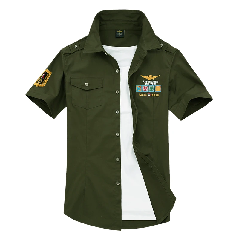 Новинка, военные мужские рубашки с коротким рукавом, 4XL, мужские рубашки с вышивкой, хлопок, ВВС, полит, Повседневная рубашка, Мужская брендовая одежда, рубашка AE18006