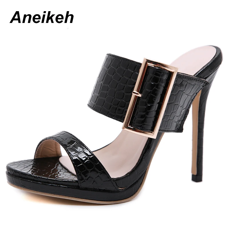 Aneikeh 2023 Classic PU Summer Slippers Women Slip-on Thin High Heel Round Toe Buckle Strap Shallow Party Black Solid Size 35-40