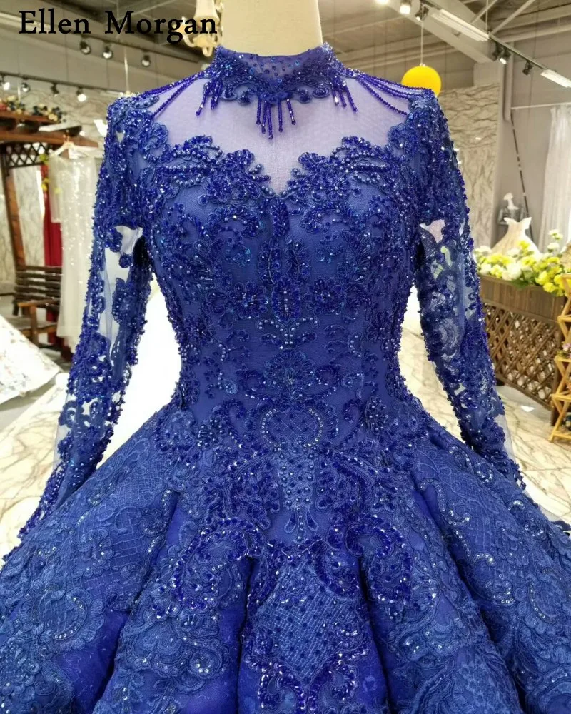 Royal Blue Long Sleeves Wedding Dresses 2019 for Women Lace up High Neck Floor Length Lace Pearls Ball Gowns Puffy Bridal Gowns