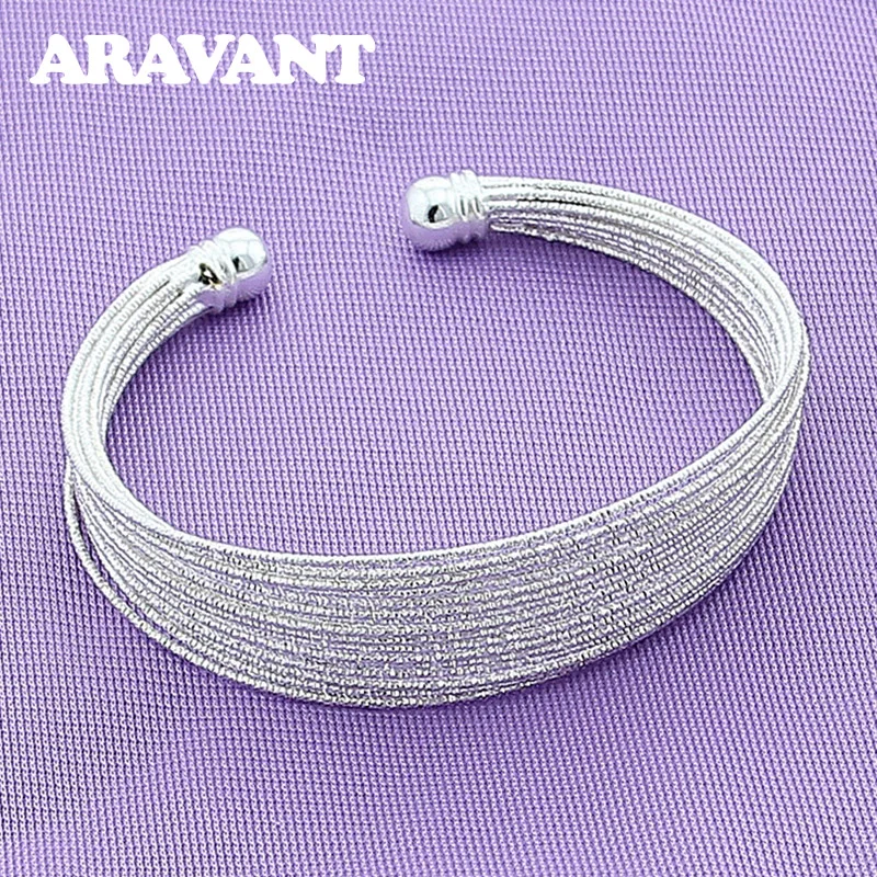 

925 Silver Scrub Multi Layer Lines Open Cuff Bracelet Bangle For Women Fashion Jewelry