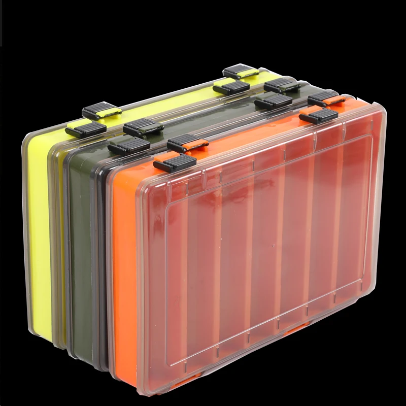 

Fishing Lure Box 270*170*47MM Fishing Tackle Double Sided Plastic Fishing Lure 14 Compartments 3pcs yellow orange green Box