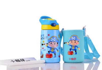 blue with bag 400 мл Детские вакуумные фляги, бутылка для воды с соломинкой, сумка для рук, детский чайник для сухого молока, 316 термос из нержавеющей стали, кружки с соломинкой - Цвет: blue with bag