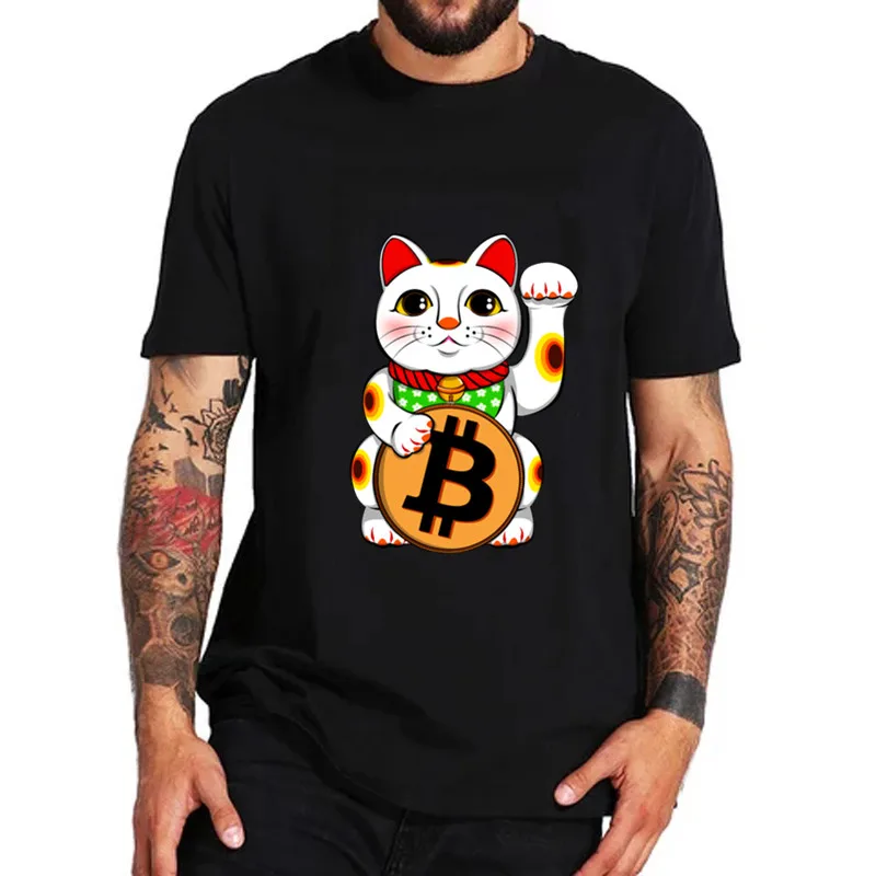 Новый Для мужчин в виде котов Bitcoin повезло Манеки футболка Neko хлопок плюс Размеры