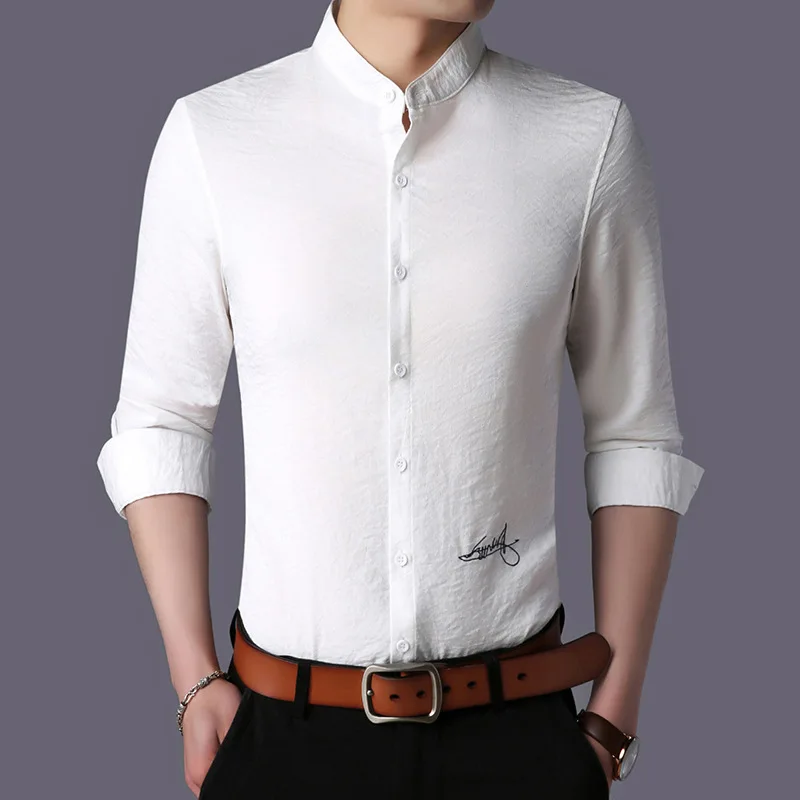 Fashion 2018 Men's Shirt Blue Long Sleeve White Slim Fit Business Form-fitting Mandarin Collar Shirts Cheap Clothes China | Мужская