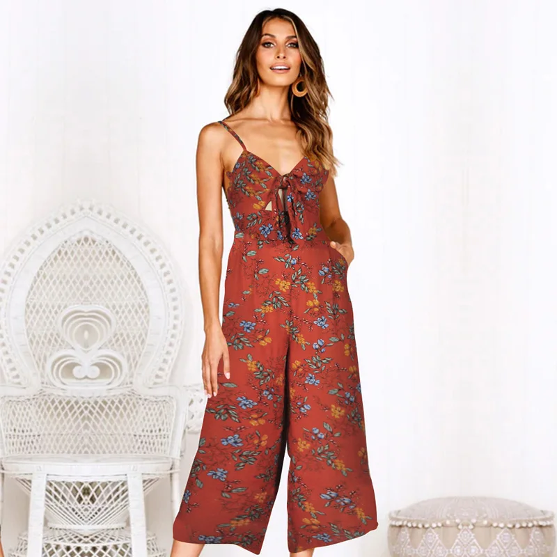 Ursohot Floral Print Jumpsuit Sleeveless V Neck Playsuit Pocket Spaghetti Strap Rompers Beach Loose Summer Overalls For Women | Женская