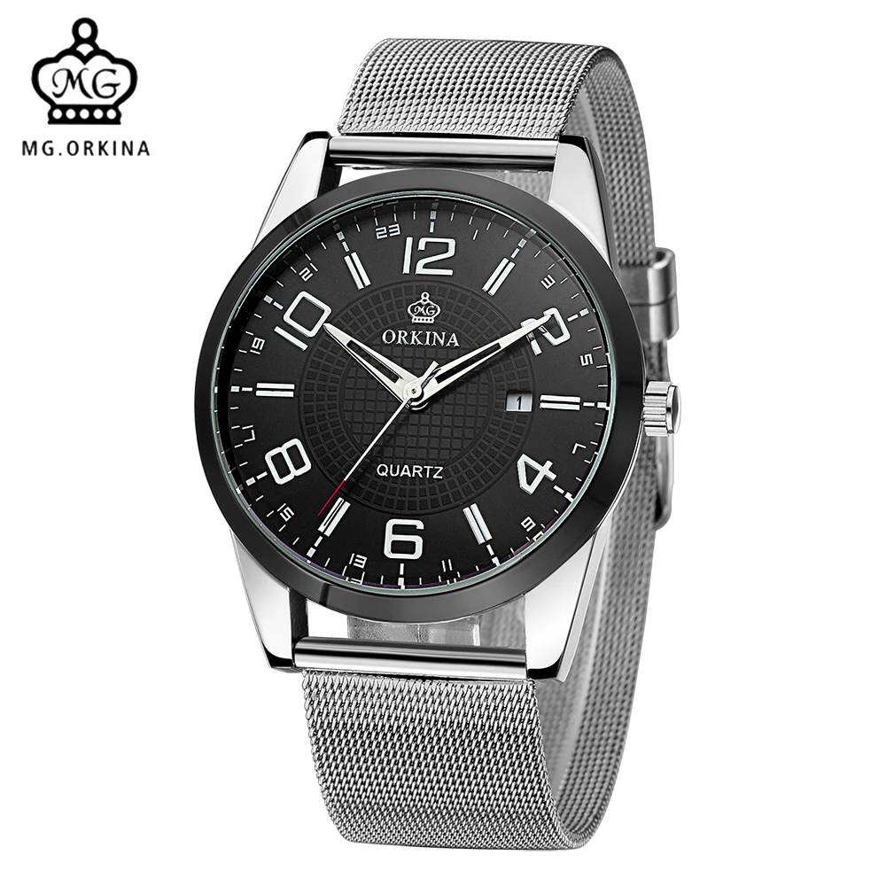Мг. Часы мужские кварцевые с сетчатым ремешком из нержавеющей стали|homme|homme montre |