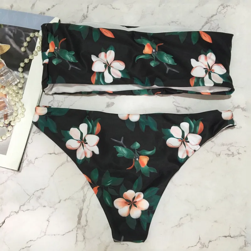 Sexy Bandeau Bikini 2018 Women Floral Printed Swimwear Tube Top Bathing Suit Low Waist Swimsuit Strapless Set Beach Wear |