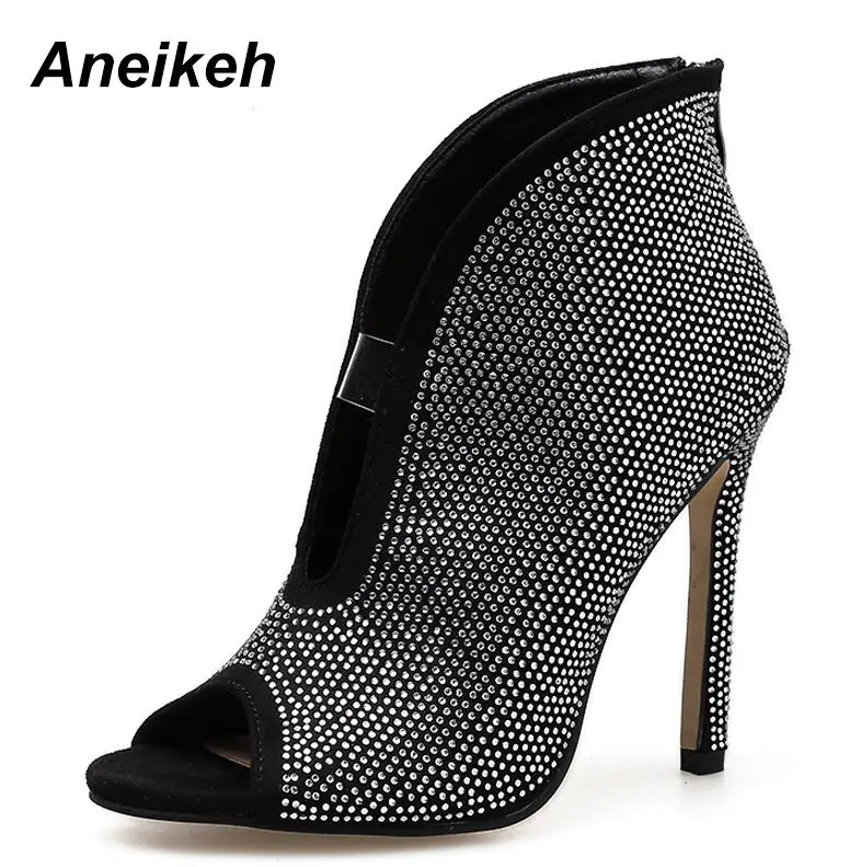 black Aneikeh/ г. Весенние ботильоны из PU искусственной замши женская обувь с глубоким v-образным вырезом и стразами ботинки «Челси» на высоком каблуке, туфли-лодочки слипоны на тонком каблуке - Цвет: black