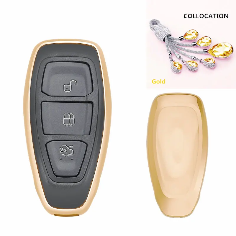 B-Gold-keyring ТПУ чехол для ключа автомобиля авто ключ Защитная крышка для Ford Focus Kuga Mondeo слез неба искусственный кристалл кулон - Название цвета: B-Gold-keyring