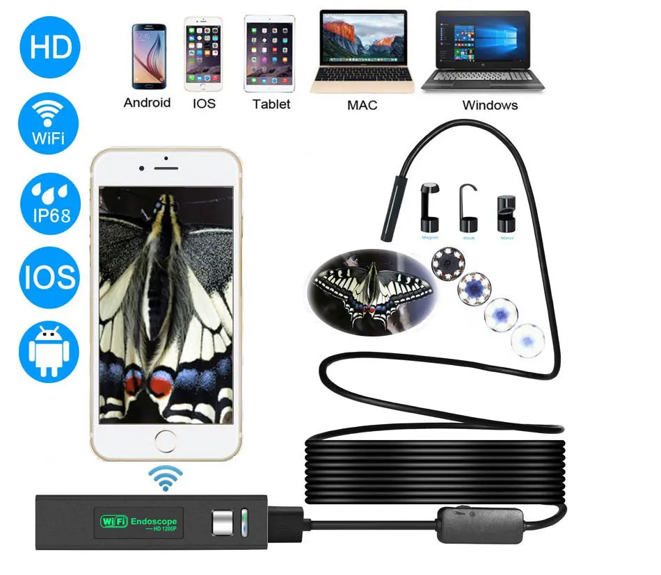 Zwn Wifi эндоскоп HD 1200P водонепроницаемый жесткий провод USB инспекционная мини-камера с 8 мм объективом и 8 светодиодный бороскоп для Android IOS PC