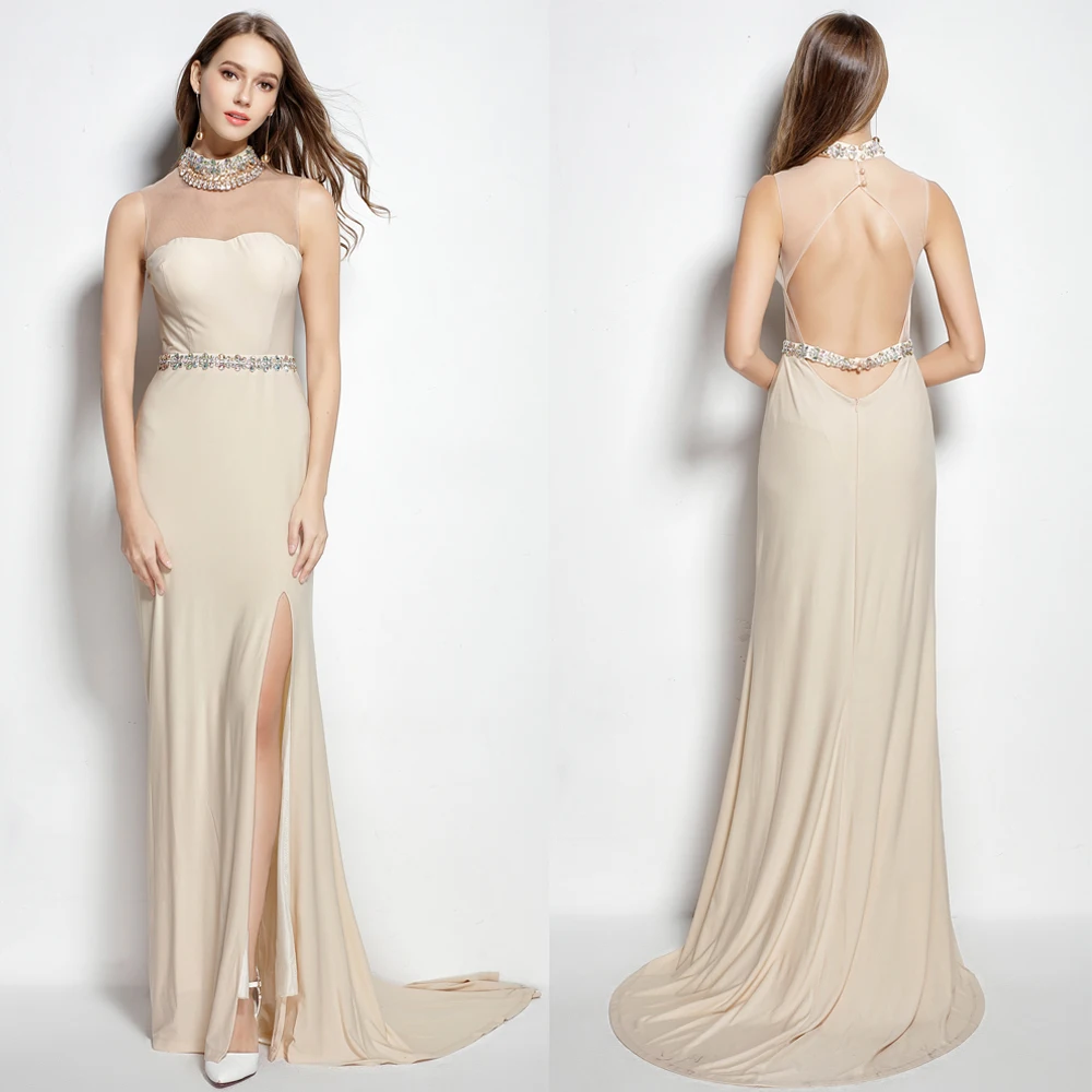 

B0088 New nude Hand-Made Beaded Halter Court Train Backless Spandex High Slit Prom Ball Party Gown Formal Women Dress Maxi Long