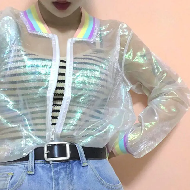Женские топы Harajuku Лазерная Радужная симфония голограмма Lridescent прозрачная Куртка бомбер солнцезащитное пальто