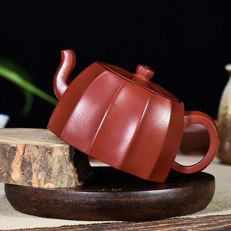 

Raw Ore Pottery Teapot Famous Full Manual Teapot Tea Set Gift Customized Wholesale Bright Red Ribbed Well-fence Pot With Robes