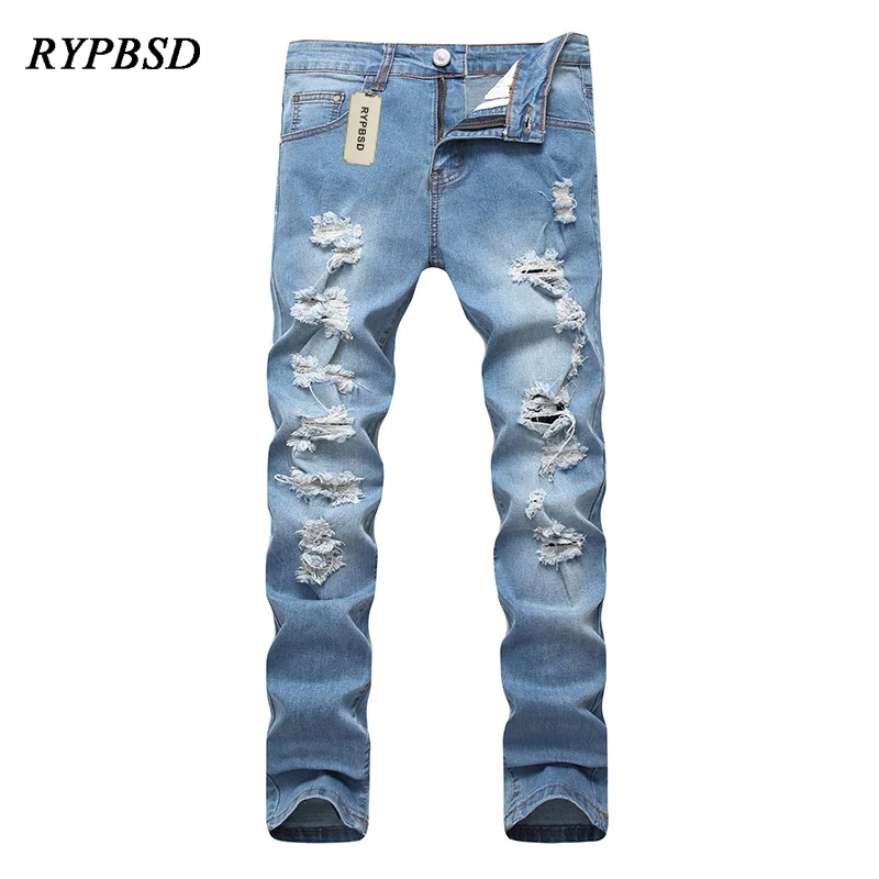 

Light Blue Men Jeans Hip Hop Hole Ripped Jeans for Men Skinny Distressed Stretch Slim Fashion Straight Pencil Denim Trousers