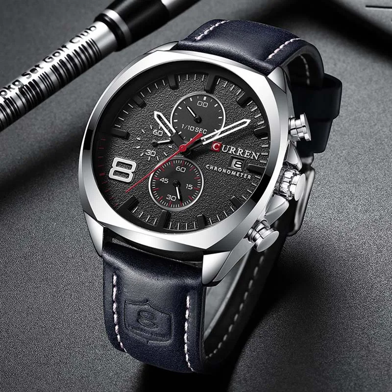 Black Silver Black Curren Мужские часы Топ Бренд роскошные кожаные часы с хронографом мужские наручные часы Часы мужские водонепроницаемые Роскошные мужские часы - Цвет: Black Silver Black