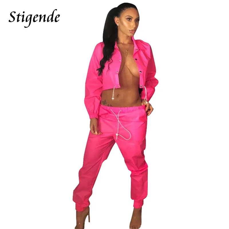 Stigende Women Sexy Crop Top and Pants 2 Piece Tracksuit Set Long Sleeve Button Coat 2pcs Spring Autumn Two Party |