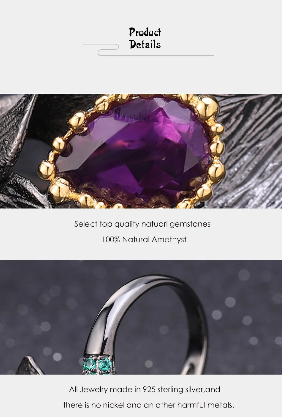 GEM'S балетные 925 пробы серебро 1.08Ct Натуральный Аметист ручной работы дизайн регулируемое кольцо Калла Лилия лист Кольца для женщин Bijoux