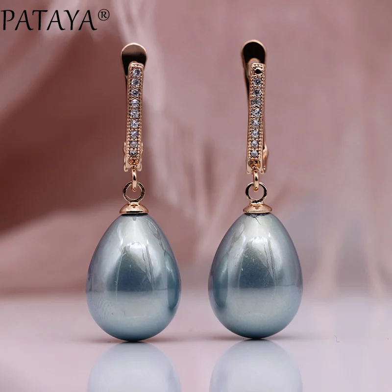 PATAYA New 328 Anniversary 585 Rose Gold Color Drop Shell Pearls Long Earrings White Natural Zircon Women Simple Fashion Jewelry