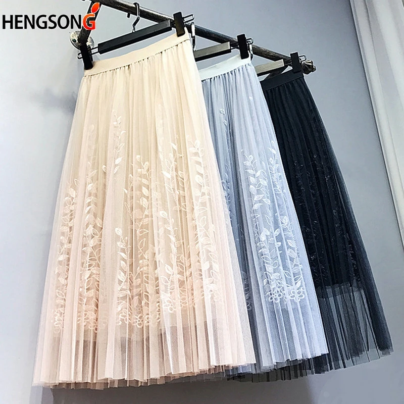Женская длинная Плиссированная Юбка-пачка HENGSONG элегантная Тюлевая юбка с