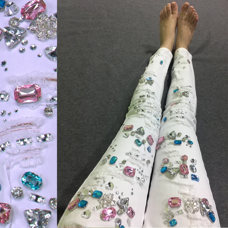 Женские рваные джинсы со стразами и бусинами Эластичные Обтягивающие с дырками