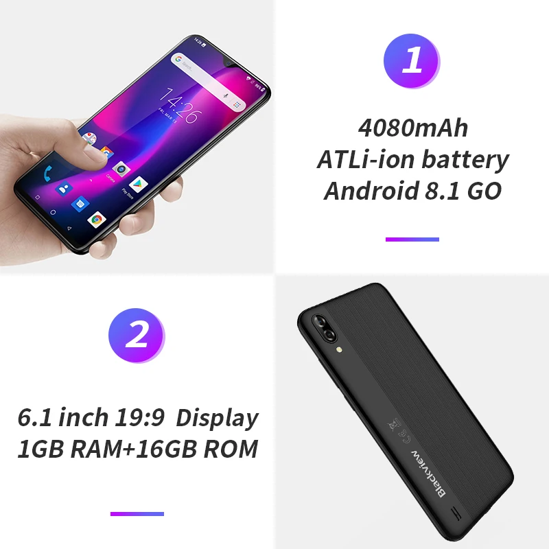 Мобильный телефон Blackview A60 четырёхъядерный на базе Android 8.1 4080 мАч 1 ГБ+16 ГБ экран 6