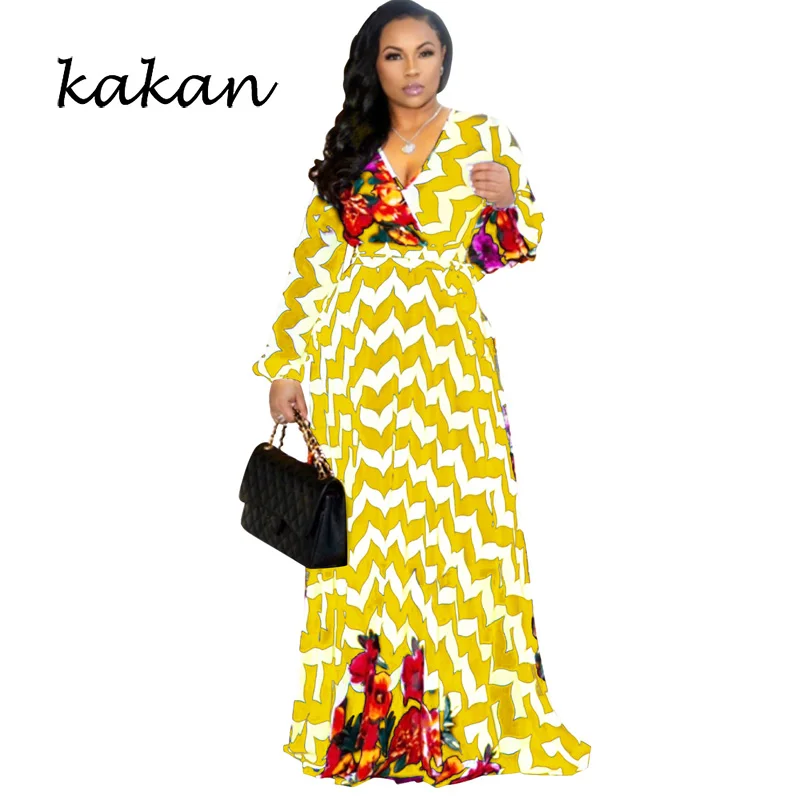 

Kakan Summer Beach Dress New Women's Bohemian Chiffon Dress Digital Print Loose Large Size Dress S-3XL-5XL