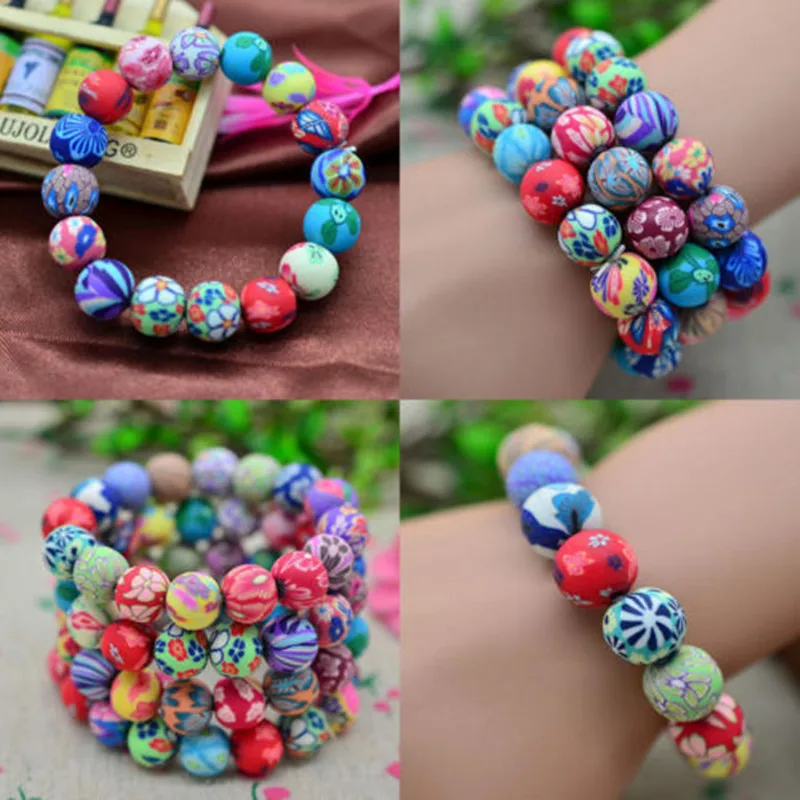 Красочный браслет ручной работы с бусинами из полимерной глины эластичный