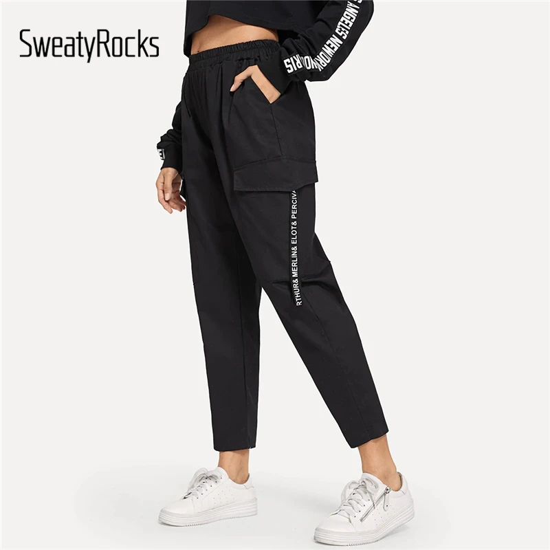 SweatyRocks Брюки с карманами, украшенные буквенным принтом, Летние Осенние повседневные брюки с эластичной резинкой на талии, женские штаны карго