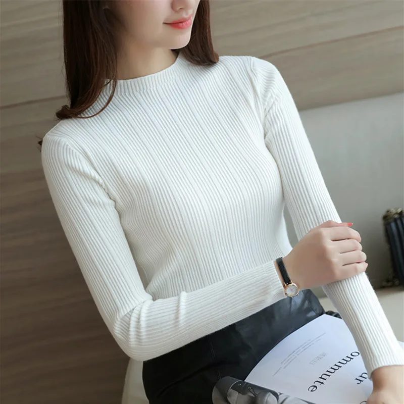 

2021 New High Quality Autumn Winter Women Sweater Pullovers Knitwear Solid Half Turtleneck Long Sleeve Sexy Slim Chandail Femme