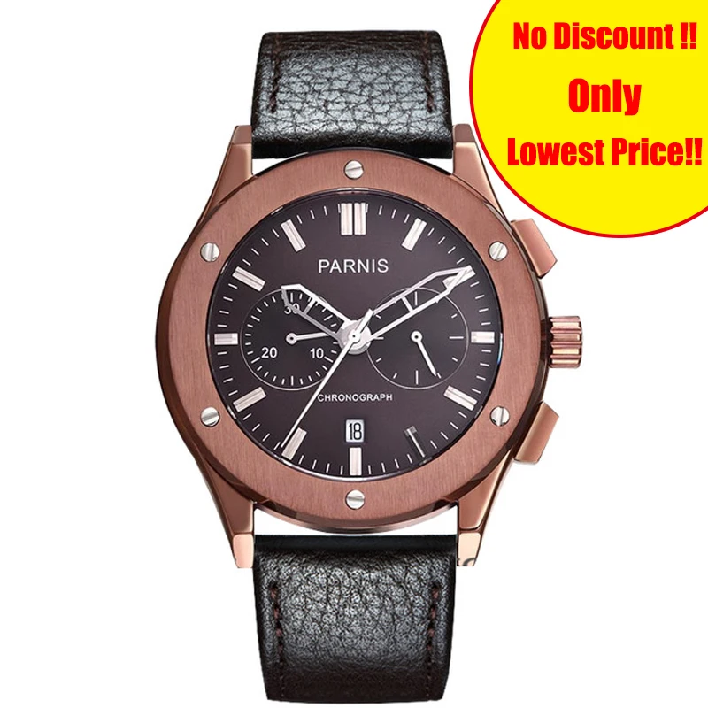 

41mm Parnis Men Watch Top Brand Luxury Pilot Brown Case Leather Band Men's Wristwatch Waterproof Swim Quartz Mens Watches Clock