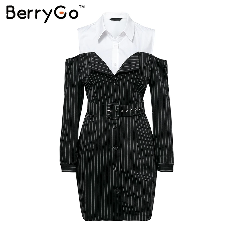 Женское мини платье BerryGo Осеннее/зимнее в полоску с длинным рукавом и поясом