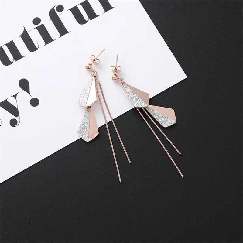 style-10 New Listing Geometric Titanium Steel long Tassel Girl Earrings gold Stainless Steel Triangle leaf Girl Black Jewelry Earrings 1 - Окраска металла: style-10