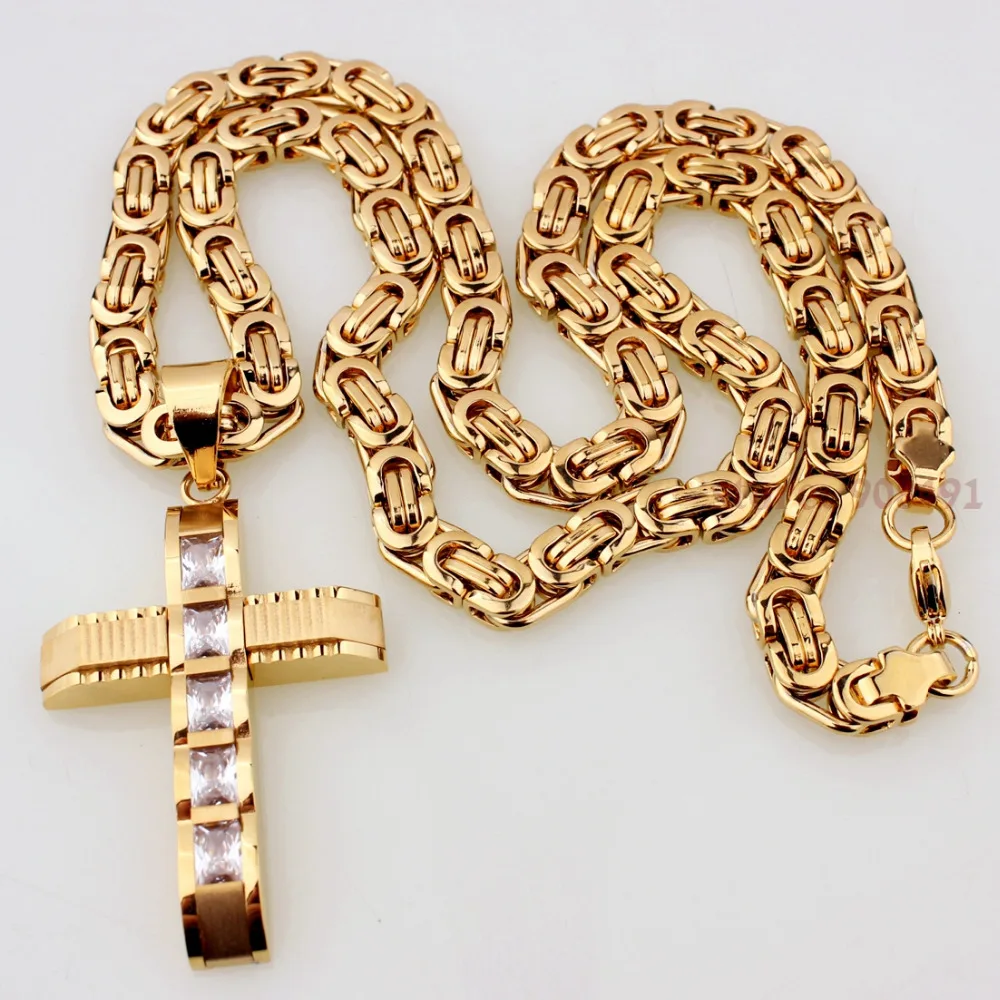 

Fashion Mens Jewelry Gold Tone Zricon Stainless Steel Cross Pendant Necklace
