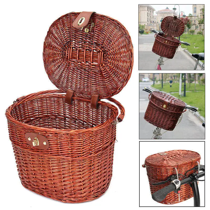 Плетеная велосипедная корзина из коричневого ротанга 36 5x34 см с крышкой