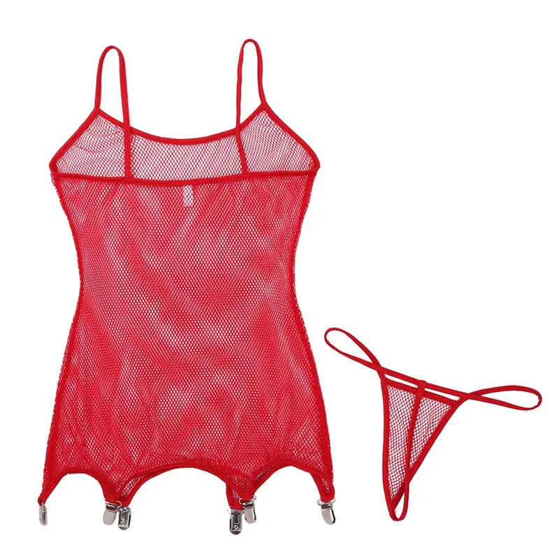 2Pcs Sexy Women Fishnet Lingerie Spaghetti Shoulder Straps Corset with Suspenders Clips Stockings Teddy Bodysuit with Briefs