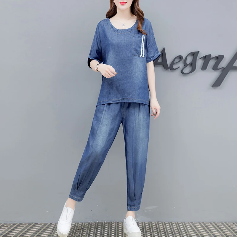 Спортивный костюм для женщин плюс размер лето 2019 новая мода свободный джинсовый