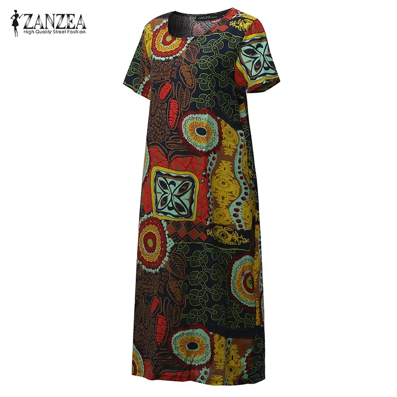 Yellow Новинка, топы, M-5XL, ZANZEA, женское платье с круглым вырезом, цветочный принт, короткий рукав, Повседневное Платье До Колена, мешковатое Платье-туника, Vestido - Цвет: Yellow