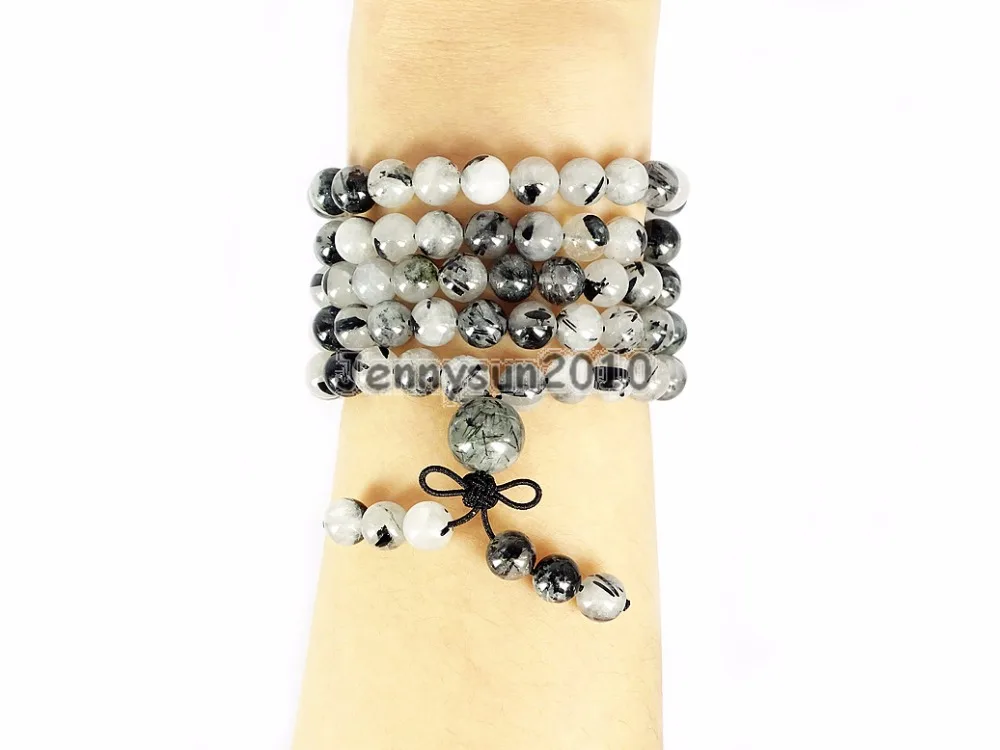 

Натуральный турмалиновый кварц 8 мм Камни буддийские 108 бусины Молитва Мала Многоцелевой эластичный браслет ожерелье 2 нити/упаковка