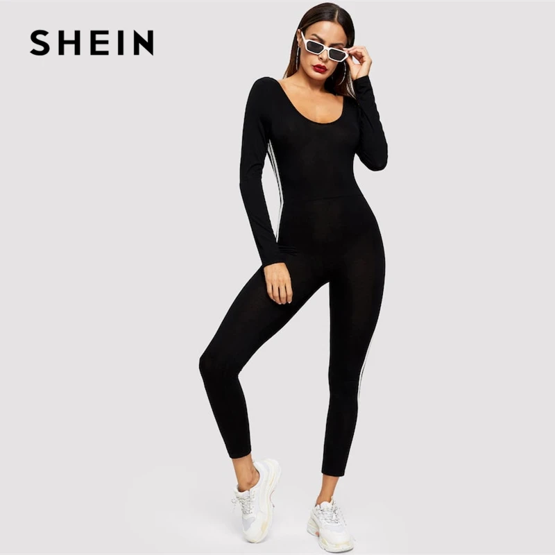 SHEIN Комбинезон В Полоску С Открытой Спиной Женский Черный Спортивный Комбинезон С Длинными Рукавами И Круглым Вырезом
