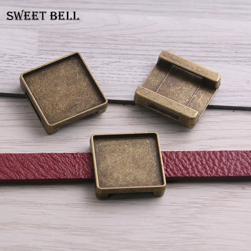 15pcs square leather slider beads two color blank 20mm cabochon setting diy bracelets making supplies hole 2.5*10mm D6425 | Украшения и