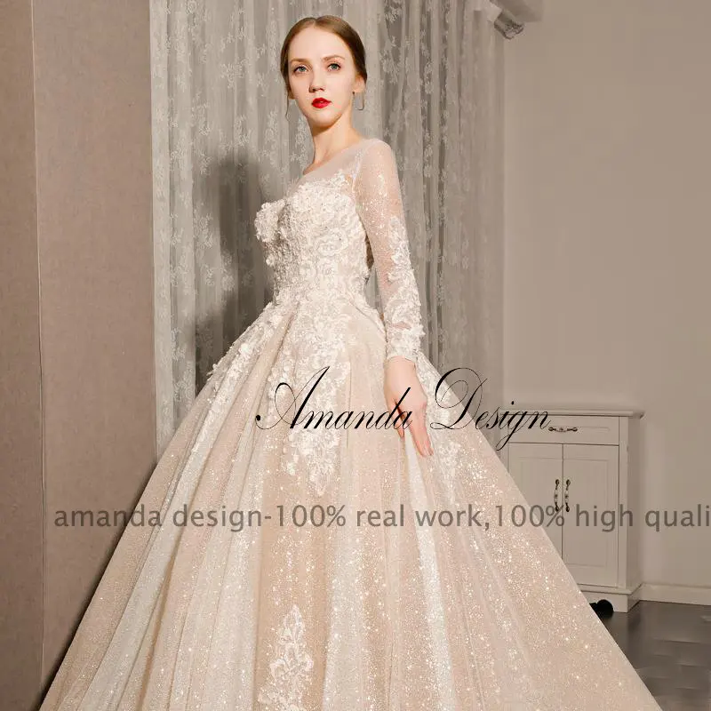 Аманда дизайн vestidos largos de fiesta elegante с длинным рукавом Кружева аппликация популярное свадебное платье