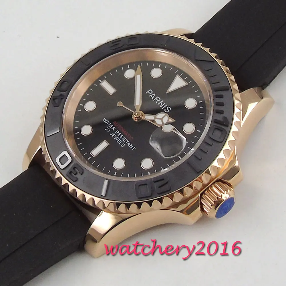 Часы мужские механические с черным циферблатом и сапфировым стеклом 41 мм|Мужские