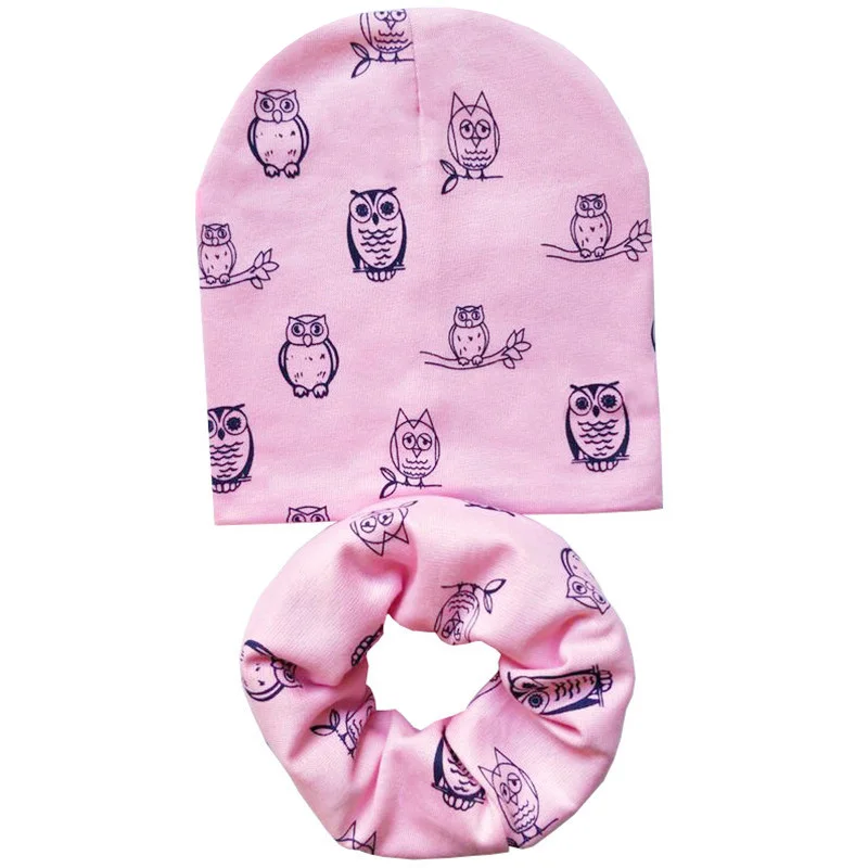 pink owls 1 комплект, хлопковая детская шапка, шарф для мальчиков и девочек, осенне-зимняя детская шапка, шарф-воротник, теплые шапочки с принтом «я люблю мама папа» - Цвет: pink owls