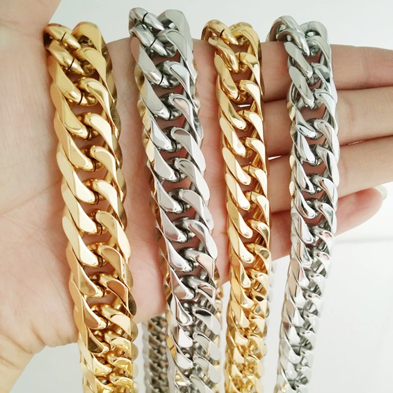13/16mm Wide Cool Stainless Steel Silver Color/Gold Color Cut Cuban Curb Chain Men's Necklace Or Bracelet Unisexs Jewelry 7&quot-40&quot |