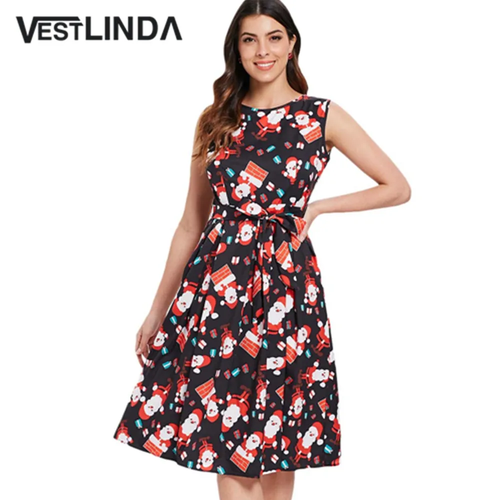 Женское платье миди VESTLINDA рождественское с поясом и принтом Санта Клауса без