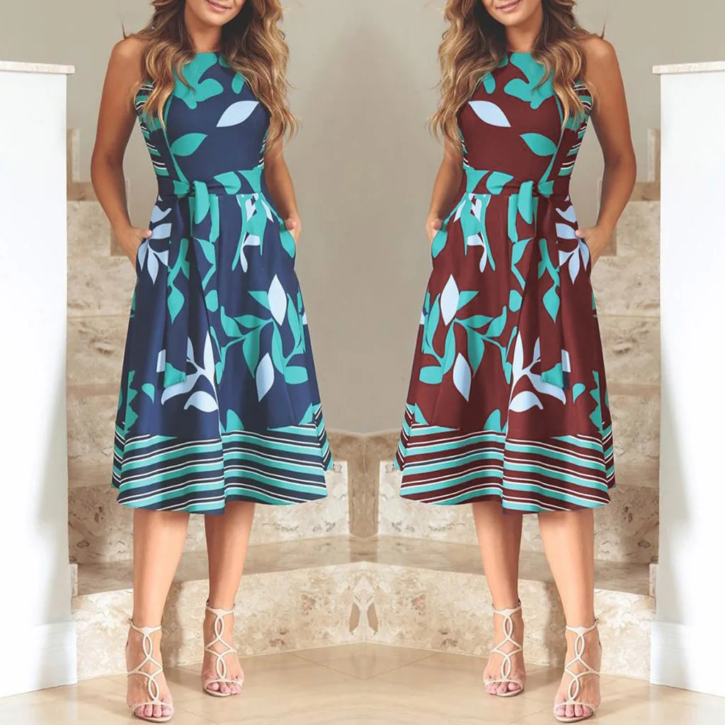 Simplee элегантное платье с поясом женское средней длины карманом и принтом в