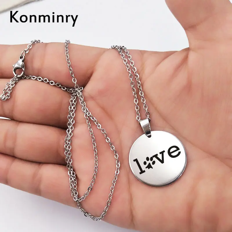 Necklace Милые Черные брелки для ключей из нержавеющей стали в виде лапы питомца, круглый металлический кулон, художественные брелки с принтом «любовь», «кошка», «Собака», серебряные подарки, ювелирные изделия - Цвет: Necklace