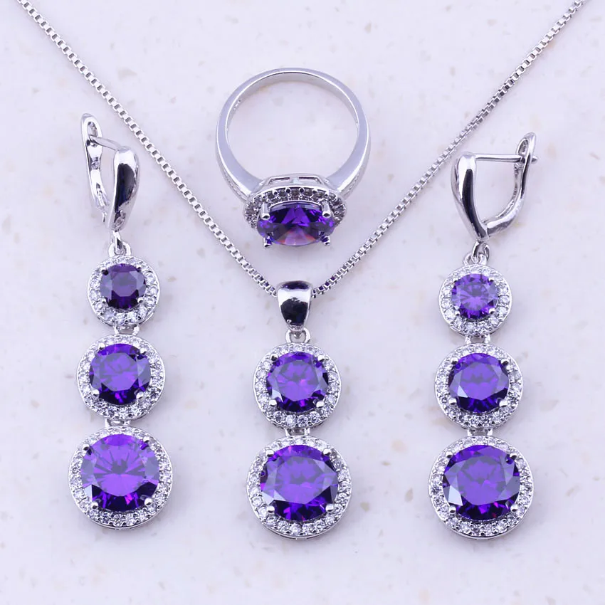Charming Purple Crystal Cubic Zircon 925 Sterling Silver Jewelry Sets For Women Party Fashion Free Gift Box J0019 | Украшения и