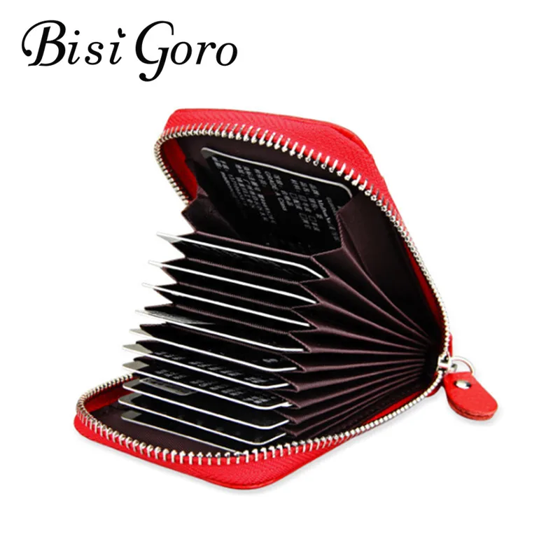 

BISI GORO 2019 Men And Women Genuine Leather zipper credit card holder Cow leather fashion cardholder extendable id holder