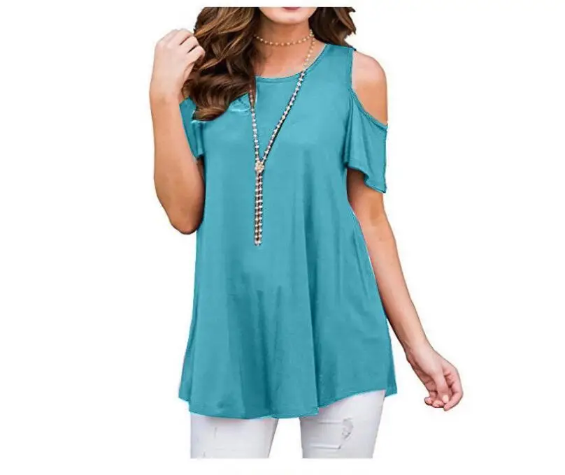 1260-1 light blue Сезон весна-лето повседневные женские футболки с короткими рукавами длинные рубашки большие размеры свободные рубашки однотонные летние топы женские - Цвет: 1260-1 light blue